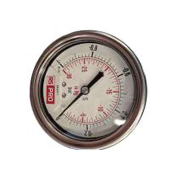 RS PRO,179-994,1/4″BSP 压力表 -1 bar 63 mm 0 bar, BSP 1/4 in接口, 不锈钢表壳, RS 1.10.2系列