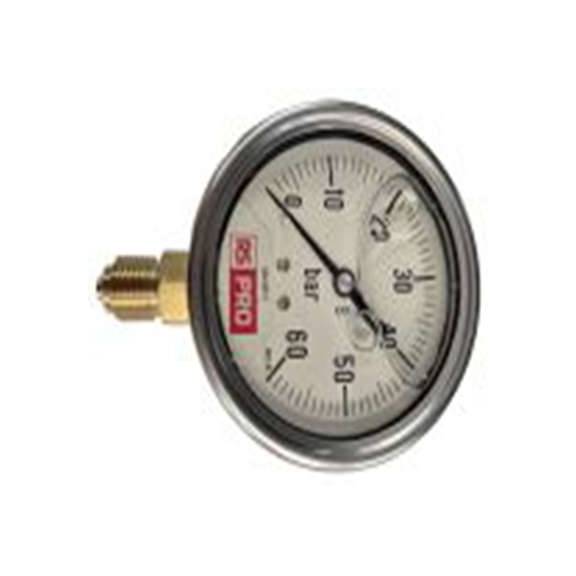 RS PRO,180-003,1/4″BSP 压力表 0 bar 63 mm 60 bar, BSP 1/4 in接口, 不锈钢表壳, RS 1.10.3系列